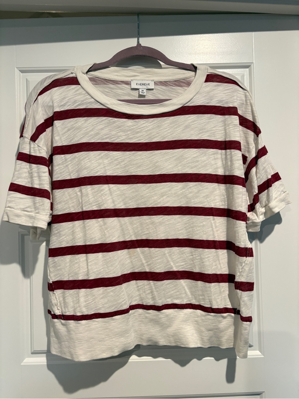 Evereve Cream and Burgundy Wide-Stripe Short Sleeve Tee